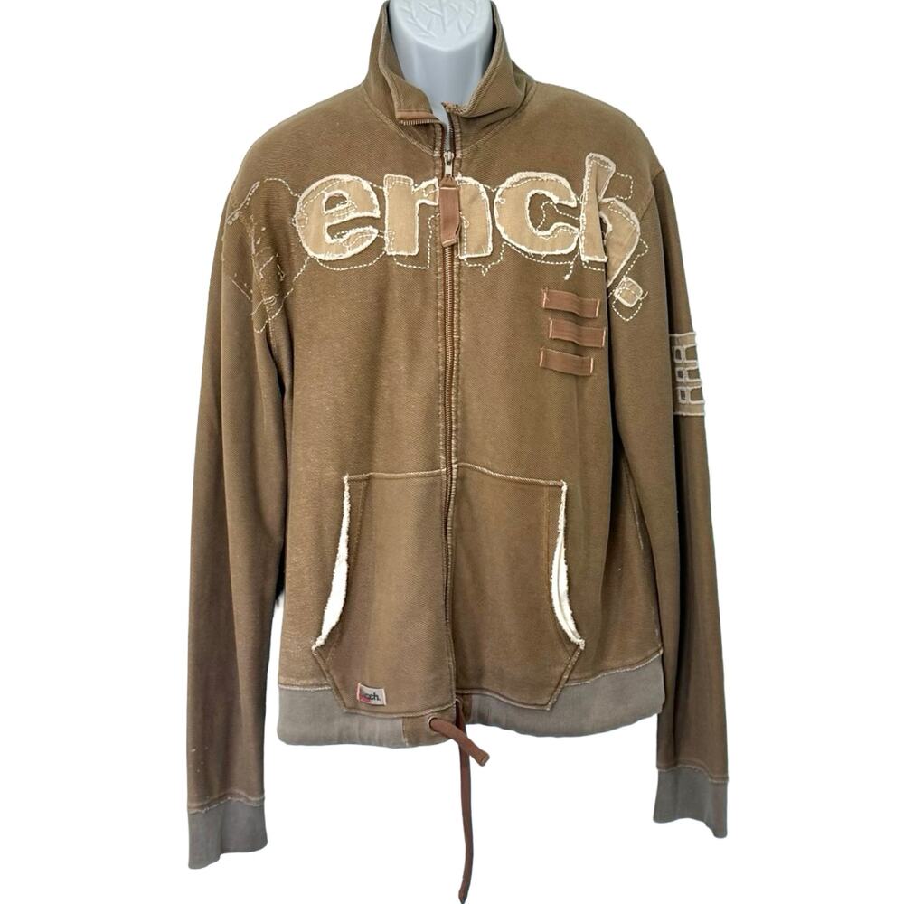 Vintage Y2K Bench Brown Tan Distressed Mock Neck Full Zip Sweatshirt size L